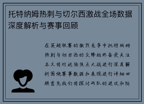 托特纳姆热刺与切尔西激战全场数据深度解析与赛事回顾